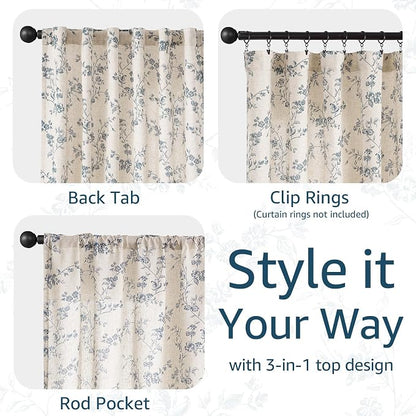 jinchan Blue Floral Linen Curtains 96 Inch Country Drapes Back Tab 2 Panels | - Image 6