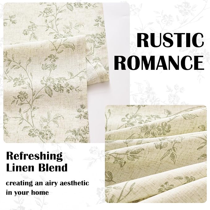 Green Vintage Floral Linen Curtains Farmhouse 50W X 96L 2 Panels | Elisa Series - Image 4