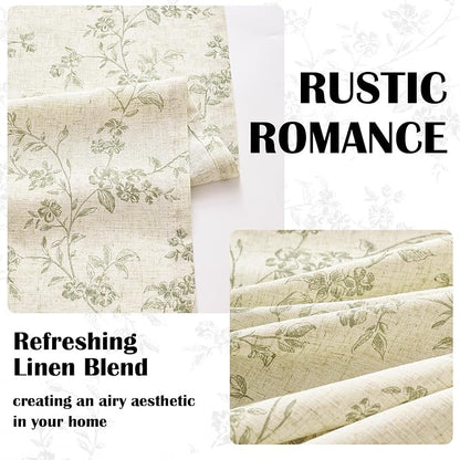 Green Vintage Floral Linen Curtains Farmhouse 50W X 96L 2 Panels | Elisa Series - Image 4