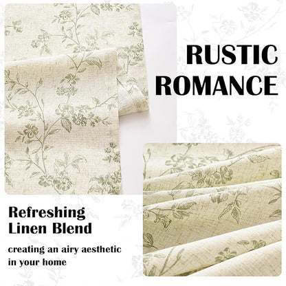 Green Vintage Floral Linen Curtains Farmhouse 50W X 63L 2 Panels | Elisa Series - Image 4