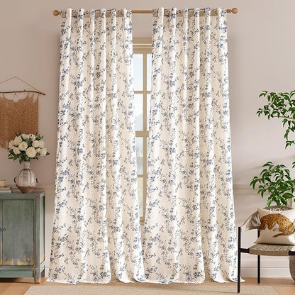 Blue Vintage Floral Linen Curtains Farmhouse 50W X 96L 2 Panels | Elisa Series - Image 2