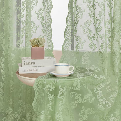 Sage Green Lace Curtains 84 Inches Long 2 Panels Country Vintage Sheer Lace - Image 6