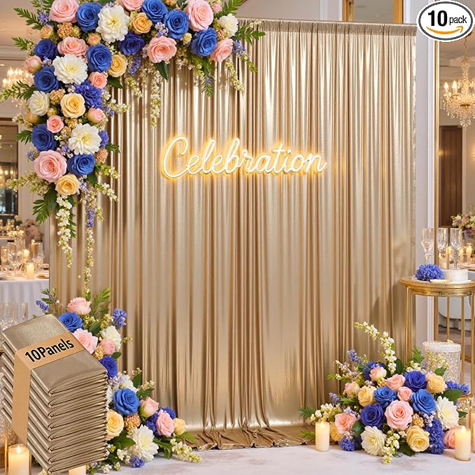 50x10ft Shimmer Champagne Gold Sequin Backdrop Curtain by LeegleriTableSkirt