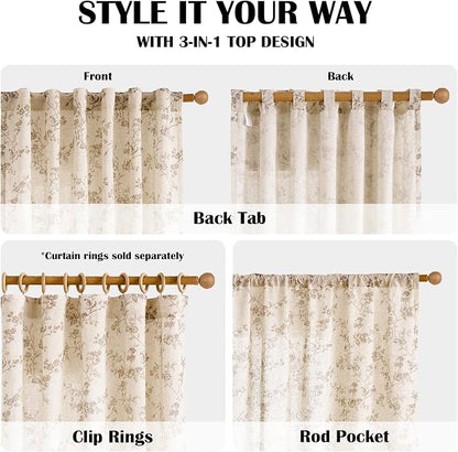 Taupe Vintage Floral Linen Curtains Farmhouse 38W X 96L 2 Panels | Elisa Series - Image 4