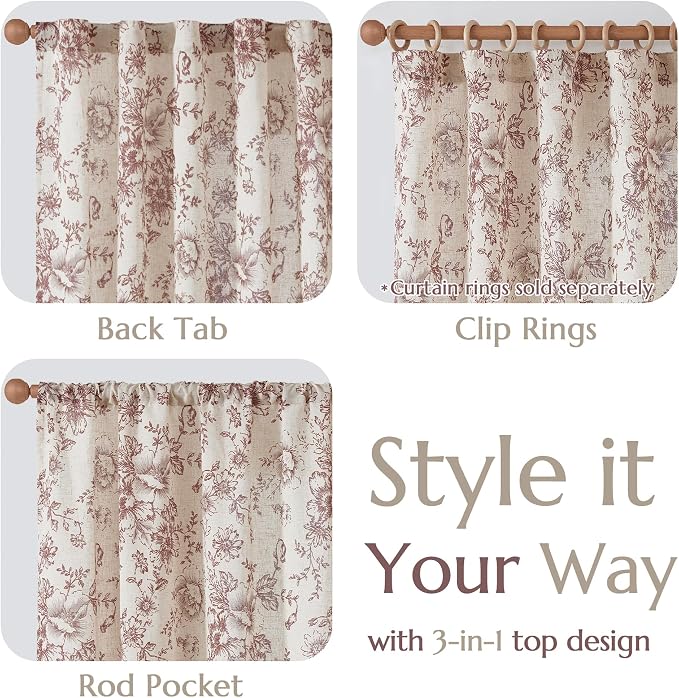 jinchan Red Floral Linen Curtains 96 Inch Farmhouse Back Tab 2 Panels | Light - Image 3