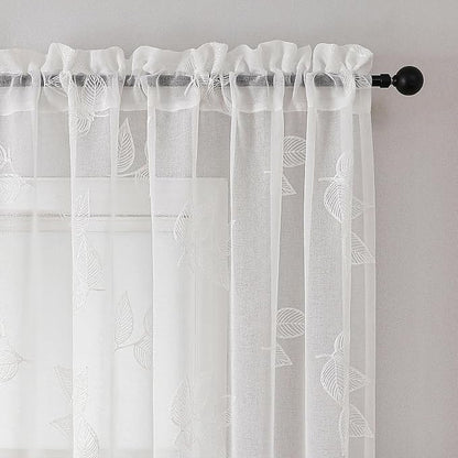 White Sheer Curtains Leaf Embroidered 84 Inches Long 2 Panels | Light Filtering - Image 3