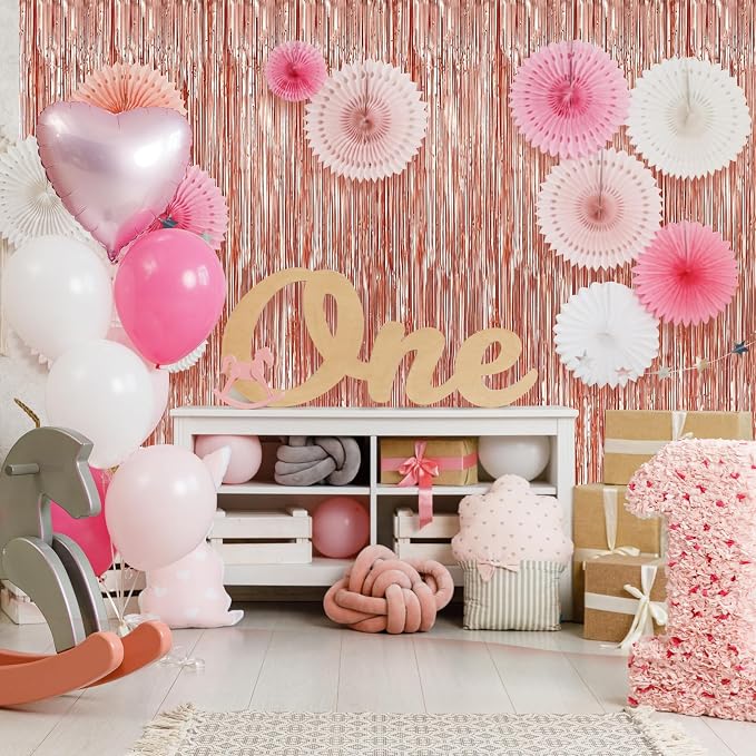 Crosize 2 Pack 3.3 x 9.9 ft Rose Gold Foil Fringe Backdrop Curtain, Streamer - Image 5