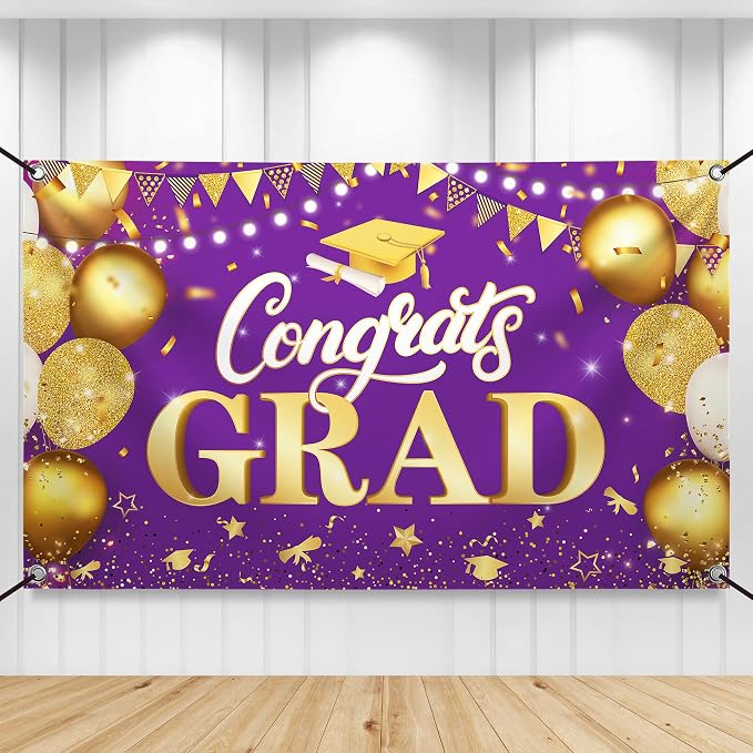 KatchOn Purple And Gold Graduation Backdrop 72x44 Inch | Congrats Grad Banner by KatchOn