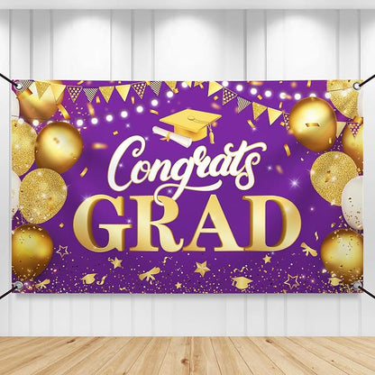 KatchOn Purple And Gold Graduation Backdrop 72x44 Inch | Congrats Grad Banner by KatchOn