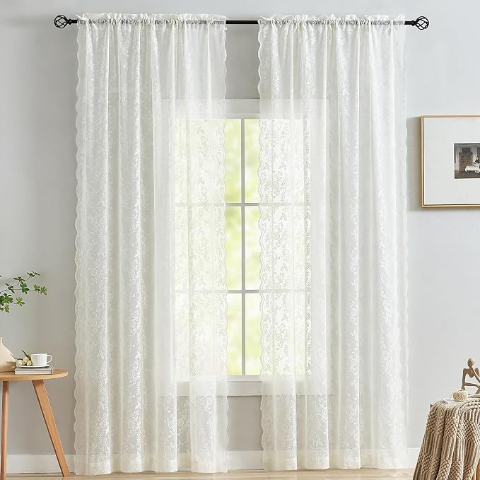 FINECITY Ivory Lace Curtains for Living Room 52 x 120 Inch, 2 Panels | Rod - Image 3