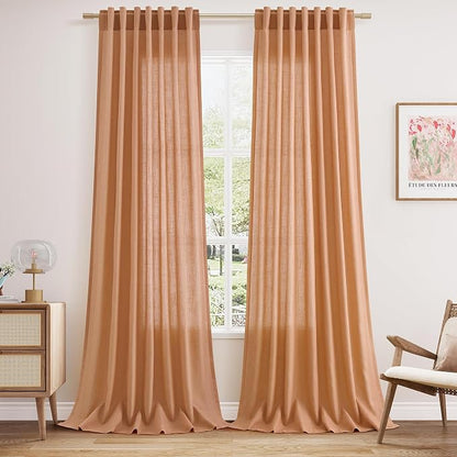 Peach Quartz Linen Curtains 120 Inch Length 2 Panel Set Back Tab Loop Pocket by Nanspring