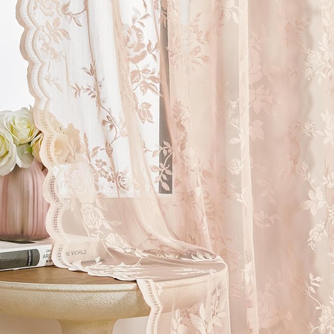Blush Pink Lace Cafe Curtains 24 Inch Length 2 Panels set Country Floral Sheer - Image 5