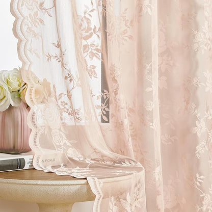 Blush Pink Lace Cafe Curtains 24 Inch Length 2 Panels set Country Floral Sheer - Image 5