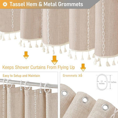 Small Boho Linen Heavy Duty Cloth Shower Curtain, Tan/Taupe | Stall Size - Image 5
