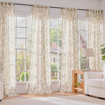 Grey Vintage Floral Linen Curtains Farmhouse 38W X 84L 2 Panels | Elisa Series - Image 6