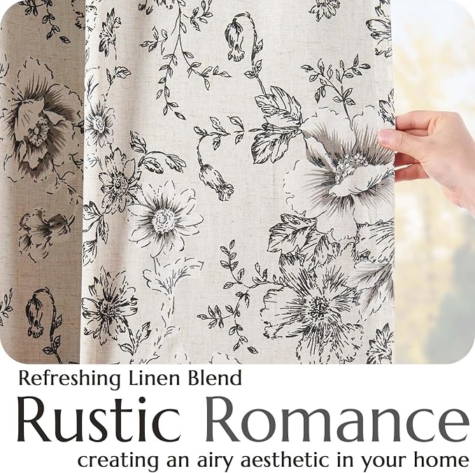 jinchan Black Floral Linen Blackout Curtains 63 Inch Back Tab 2 Panels | - Image 5