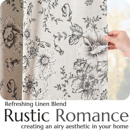 jinchan Black Floral Linen Blackout Curtains 84 Inch Back Tab 2 Panels | - Image 5
