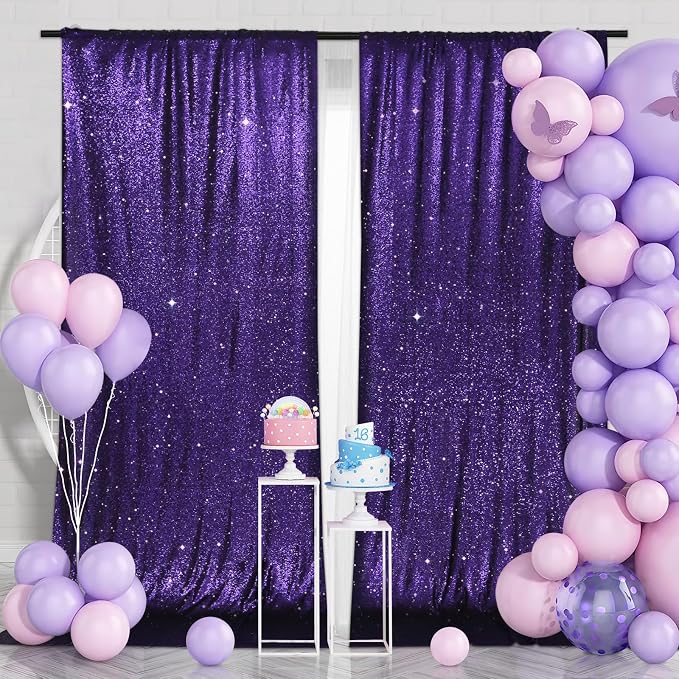 PartyDelight Purple Sequin Backdrop Curtains 5x10ft 2 Panels | Sparkly 3mm - Image 3