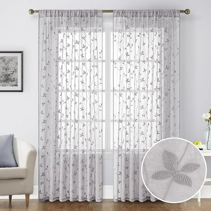 HOMEIDEAS Light Grey Sheer Curtains 2 Panels, Embroidered Vine Leaf, W52xL84 | - Image 9