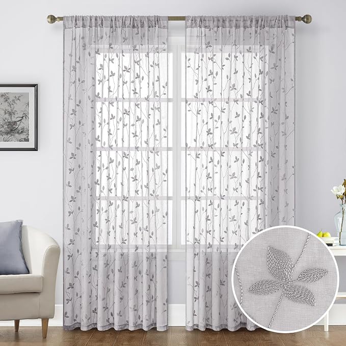 HOMEIDEAS Light Grey Sheer Curtains W52 x L96, Embroidered Vine Leaf | 2 Panels - Image 9