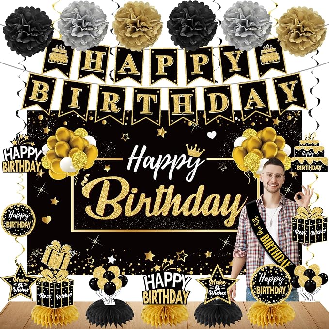 Zirtorei 20Pcs Black Gold Birthday Party Decorations Kit by Zirtorei
