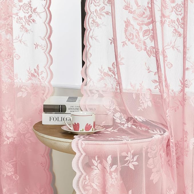 Light Pink Lace Curtains 84 Inches Long 2 Panels Romantic Flower Sheer Curtains - Image 3