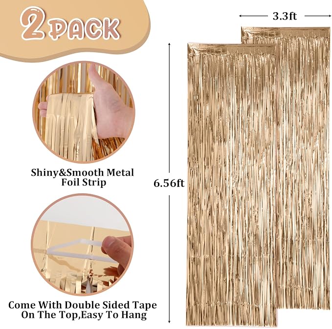 Voircoloria Champagne Foil Fringe Backdrop Curtains, 2 Pack | Tinsel Streamers - Image 2