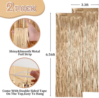 Voircoloria Champagne Foil Fringe Backdrop Curtains, 2 Pack | Tinsel Streamers - Image 2