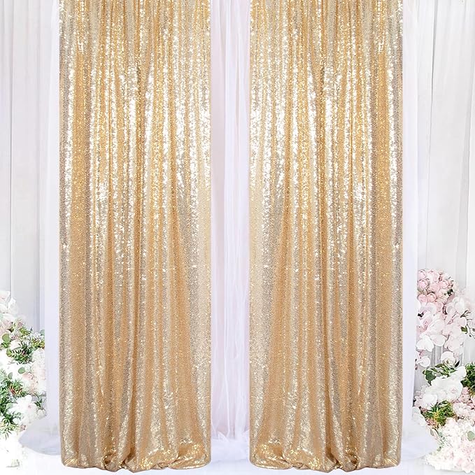 ShinyBeauty Gold Sequin Backdrop 4 Panels 2x8ft Light Gold | Shimmer Curtains - Image 3