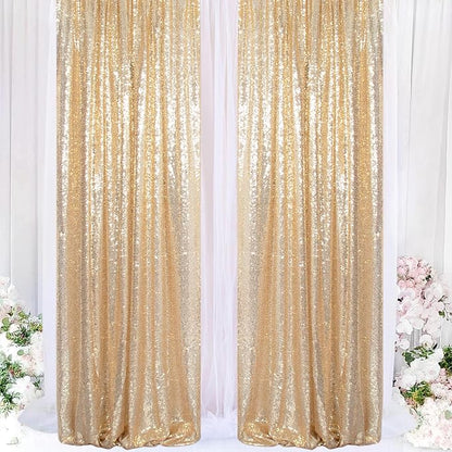 ShinyBeauty Gold Sequin Backdrop 4 Panels 2x8ft Light Gold | Shimmer Curtains - Image 3