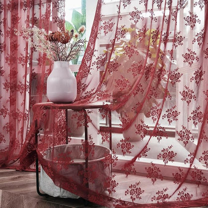 Kotile Burgundy Floral Sheer Curtains - Image 8