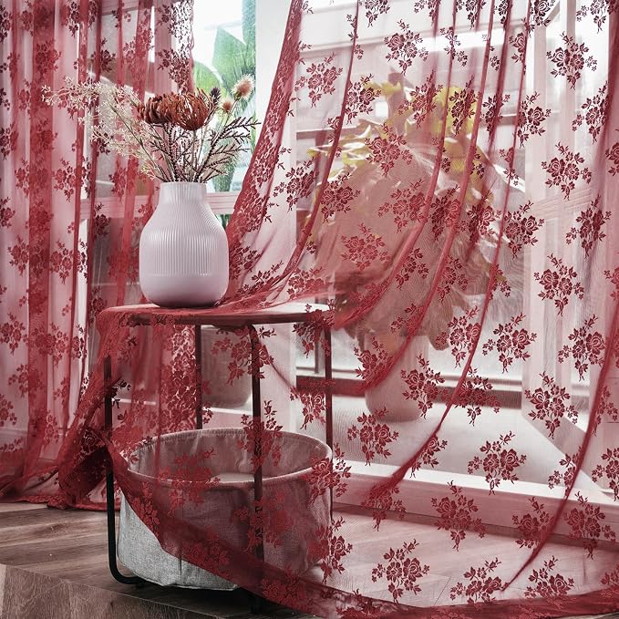 Kotile Burgundy Lace Curtains for Living Room Floral 42 x 84 Inch, 2 Panels | - Image 5