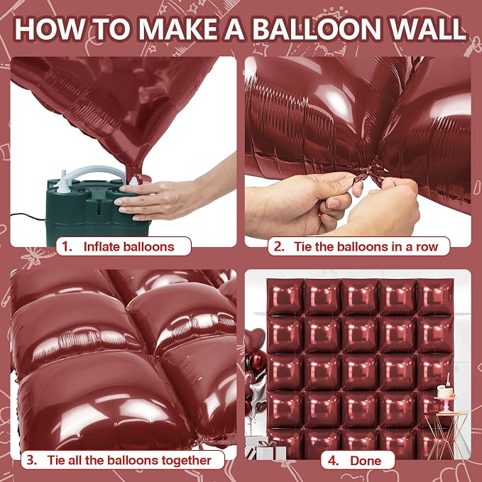 NISOCY 25PCS Maroon Square Foil Balloons Wall Backdrop | Double Sided Brown Red - Image 4