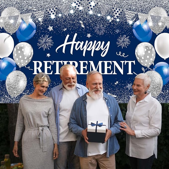 Blue Silver Happy Retirement Banner Large Retirement Party Banner Backdrop - Image 5