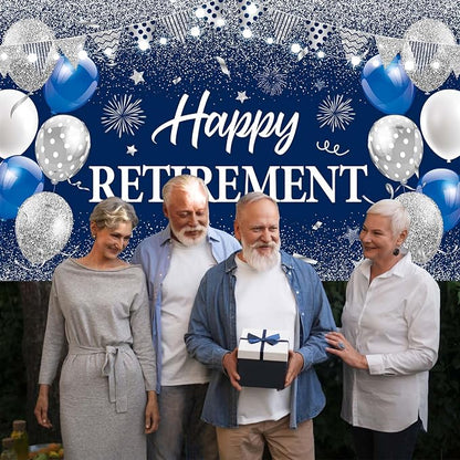 Blue Silver Happy Retirement Banner Large Retirement Party Banner Backdrop - Image 5