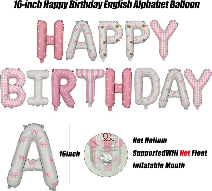16in Happy Birthday Balloon Banner Happy Birthday Bow Bear Letter Balloon | - Image 2