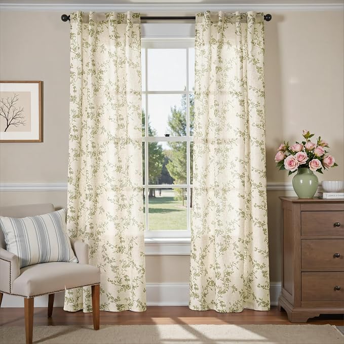 Green Vintage Floral Linen Curtains Farmhouse 38W X 96L 2 Panels | Elisa Series - Image 2