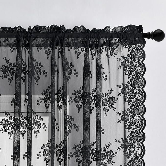 Kotile Black Lace Curtains for Bedroom Vintage Floral W42xL54 Inch 2 Panels | - Image 2