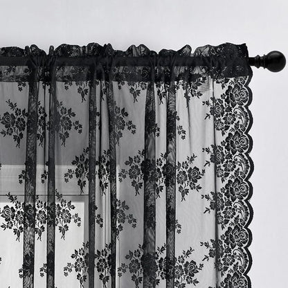 Kotile Black Lace Curtains for Bedroom Vintage Floral W42xL54 Inch 2 Panels | - Image 2
