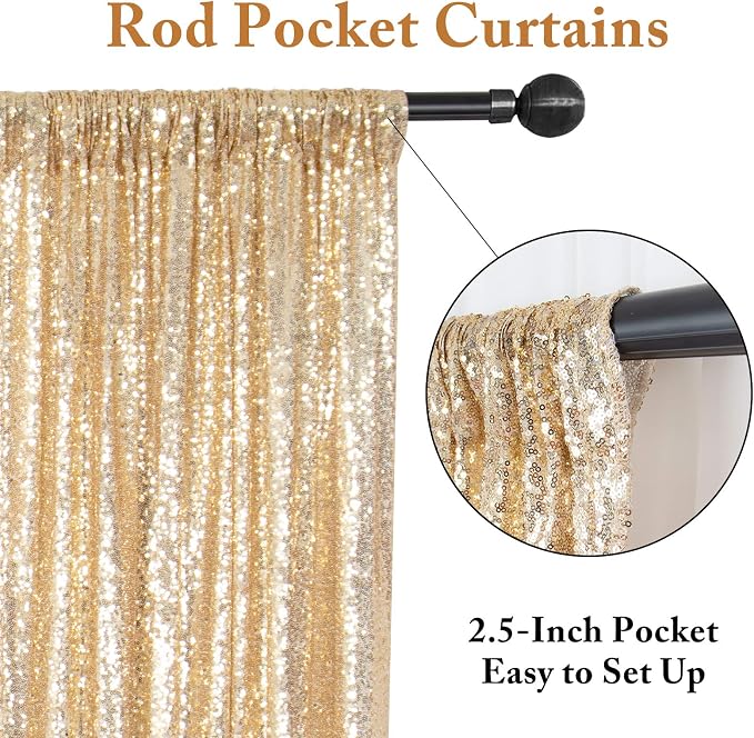ShinyBeauty Light Gold Backdrop Sequin Curtains 4FTx7FT 2 Pieces Photograph - Image 3
