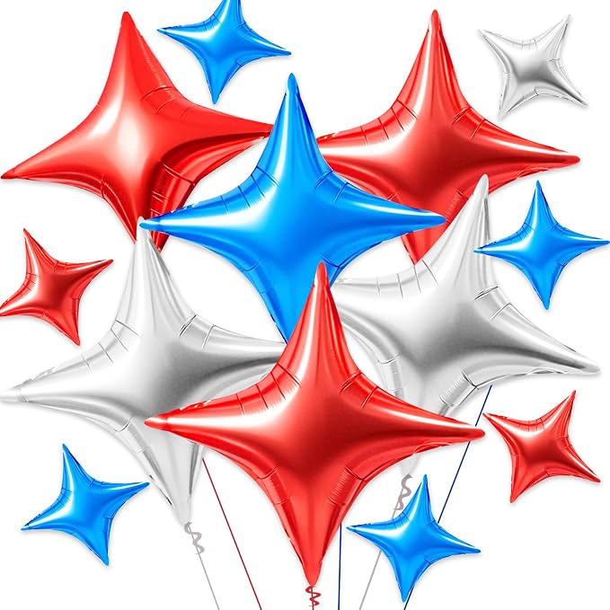 TONIFUL 30Pcs Four Pointed Star Balloon Blue Silver Red Foil Balloon | 26In & by TONIFUL