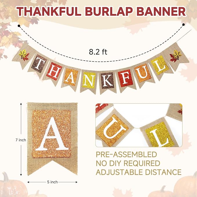 Thankful Burlap Banner, Pre-Strung Thanksgiving Banner Rustic Thanksgiving - Image 2