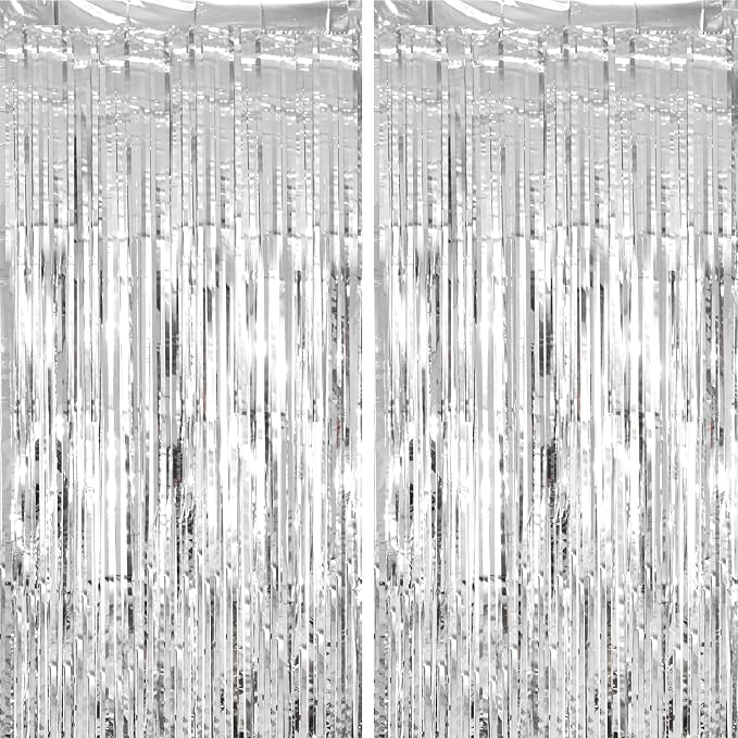 Voircoloria Silver Foil Fringe Backdrop Curtains, 2 Pack | Tinsel Streamers by Voircoloria