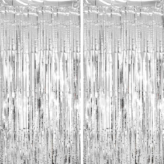 Voircoloria Silver Foil Fringe Backdrop Curtains, 2 Pack | Tinsel Streamers by Voircoloria