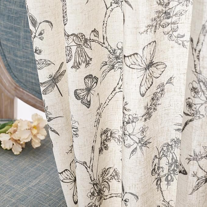 Black Floral Linen Curtains Farmhouse Rod Pocket 50W X 63L 2 Panels | Charlotte - Image 8