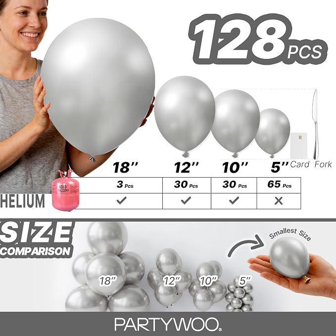 PartyWoo Silver Balloons 128 pcs Different Sizes of 18 12 10 5 Inch Silver - Image 6