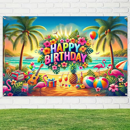 BlissYard Beach Hibiscus Polyester Birthday Banner 71x43 Inch Decor | Polyester - Image 4