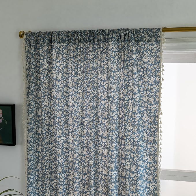ENJOYBRIDAL White Floral 63 Inch Curtains 2 Panel Set Semi Sheer Blue Drapes - Image 4