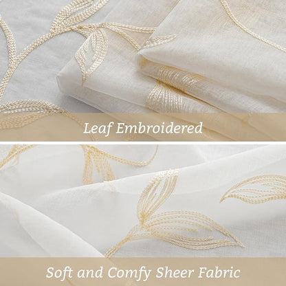 Sheer Curtains Boho Leaf Floral Embroidered Cream Beige 54Wx63L | Light - Image 5