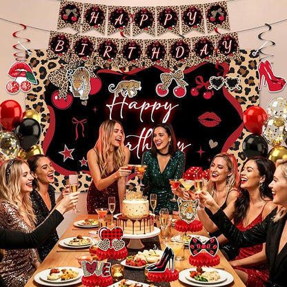 Cheetah Print Party Decorations 29pcs Cheetah Cherry Party Supplies | Red Black - Image 6